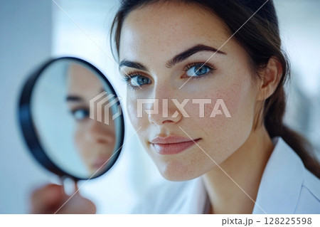 Dermatologist examining skin with magnifying glass: dermatology and skin care concept Dermatologist examining skin with magnifying glass: dermatology and skin care concept 128225598