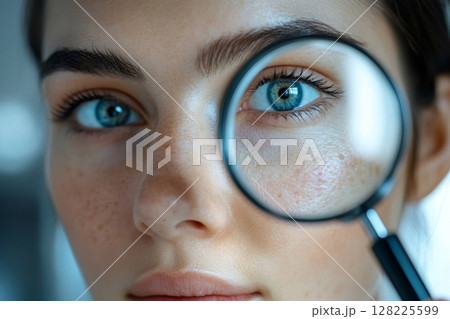 Dermatologist examining patient's skin with magnifying glass for acne treatment Dermatologist examining patient's skin with magnifying glass for acne treatment 128225599