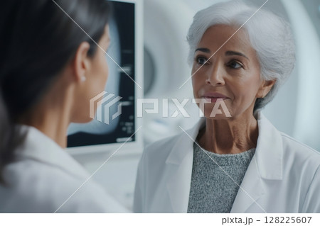 Senior female doctor discussing chest x-ray results with patient in hospital room 128225607