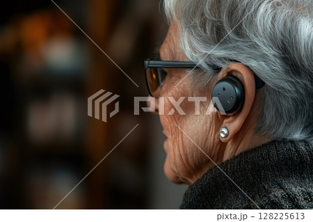 Elderly woman wearing a hearing aid listening to music or podcast 128225613