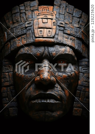 Imposing mayan statue gazing into the darkness with ornate headdress 128225620