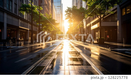 雨上がりの朝、光射すビル街 雨上がりの朝、光射すビル街 128225778
