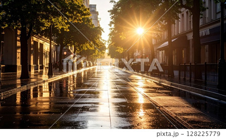 雨上がりの朝、光射すビル街 128225779