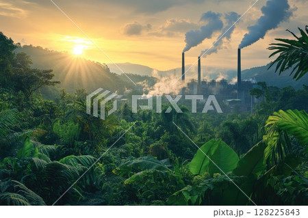 Industrial chimneys releasing smoke over lush tropical forest at sunset 128225843