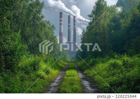 Power plant emitting smoke into atmosphere behind green forest 128225844