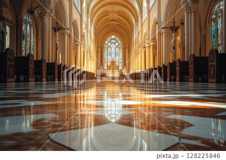Sunlight reflecting on marble floor in empty cathedral 128225846