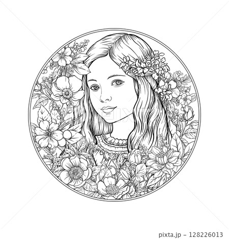 A young beautiful girl on the background of a flowers in circle frame A young beautiful girl on the background of a flowers in circle frame 128226013
