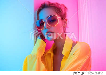Fashion model posing with sunglasses and yellow shirt under colorful lights 128226063