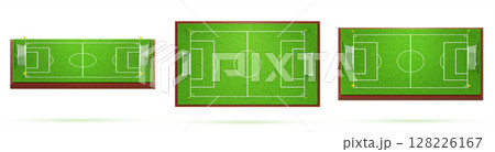 3d set of realistic soccer field in different angles. Football pitch with goal net, corner flags, green grass and white lines. Render stadium with turf texture, isolated sports ground. 3D illustration 128226167