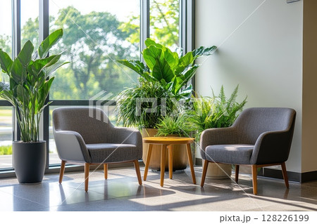 Modern office lobby interior design featuring comfortable seating and lush plants 128226199