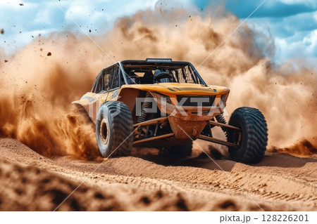 Buggy racing in desert making a lot of dust while drifting on sand dunes 128226201