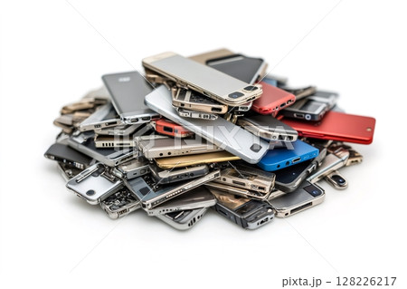 Pile of broken smartphones creating technological waste on white background Pile of broken smartphones creating technological waste on white background 128226217