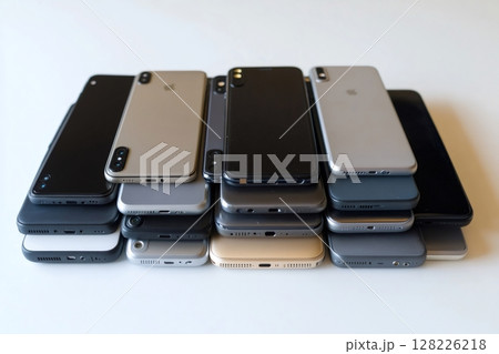 Stack of mobile phones forming a colorful pyramid on white background Stack of mobile phones forming a colorful pyramid on white background 128226218