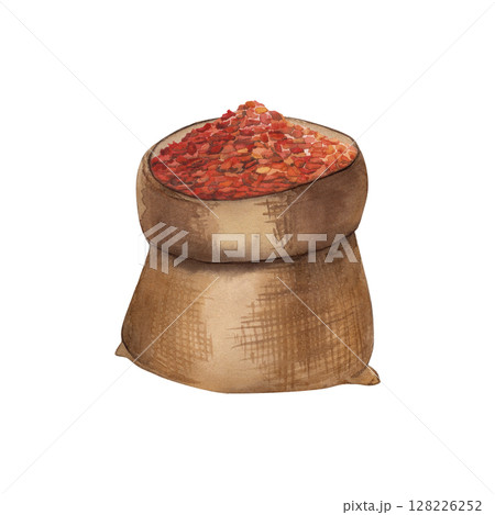 Red hot chili pepper dried in burlap. Watercolor illustration. The jute bag with spicy spices is hand-painted in a botanical style. For culinary design, menus, kitchen utensils, textiles, packaging Red hot chili pepper dried in burlap. Watercolor illustration. The jute bag with spicy spices is hand-painted in a botanical style. For culinary design, menus, kitchen utensils, textiles, packaging 128226252