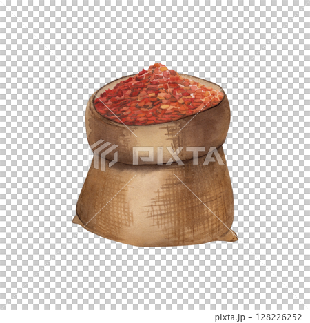 Red hot chili pepper dried in burlap. Watercolor illustration. The jute bag with spicy spices is hand-painted in a botanical style. For culinary design, menus, kitchen utensils, textiles, packaging Red hot chili pepper dried in burlap. Watercolor illustration. The jute bag with spicy spices is hand-painted in a botanical style. For culinary design, menus, kitchen utensils, textiles, packaging 128226252