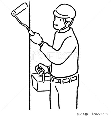 ローラーで壁を塗る作業員_線画 128226329