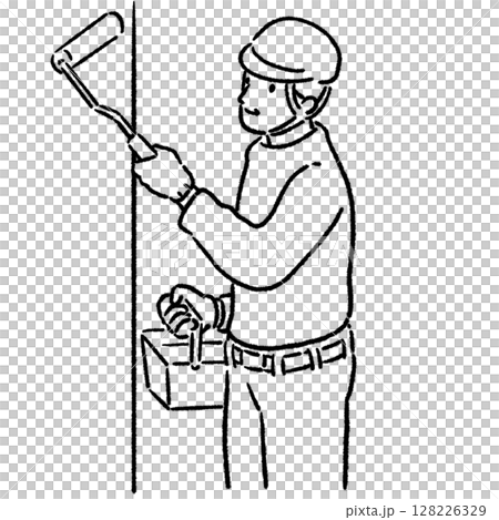 ローラーで壁を塗る作業員_線画 128226329