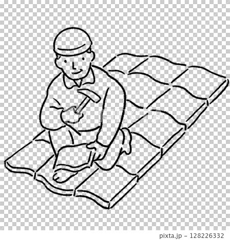 屋根で作業する瓦職人_線画 128226332