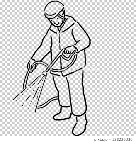 高圧洗浄機を使う作業員 1_線画 高圧洗浄機を使う作業員 1_線画 128226336