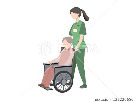 顔がない老人の車椅子を押す顔がない介護士の絵 128226650