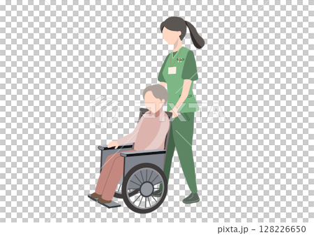 顔がない老人の車椅子を押す顔がない介護士の絵 128226650