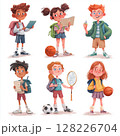 Boys and girls holding school supplies and sports equipment. Ideal for educational themes, back-to-school promotions, childhood development, and active lifestyle concepts. Bright and cheerful 128226704