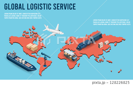 Modern Global logistic service isometric concept with export, import, warehouse business, transport. Vector illustration 128226825