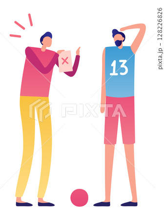 Referee holding a red card and pointing decisively off the field, dismissing a player for committing a foul and enforcing the rules of fair play during an intense soccer match 128226826