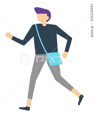 Stylish male student with vibrant purple hair, dressed in casual attire, walking confidently to university while carrying a light blue shoulder bag, embodying a modern, youthful lifestyle 128226843