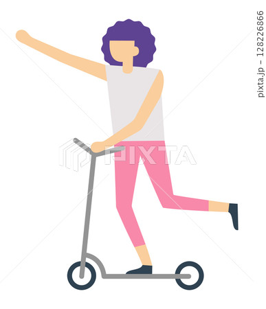 Young woman with vibrant purple hair riding a scooter, waving cheerfully while enjoying a leisurely ride through the city, greeting familiar faces on a sunny day Young woman with vibrant purple hair riding a scooter, waving cheerfully while enjoying a leisurely ride through the city, greeting familiar faces on a sunny day 128226866