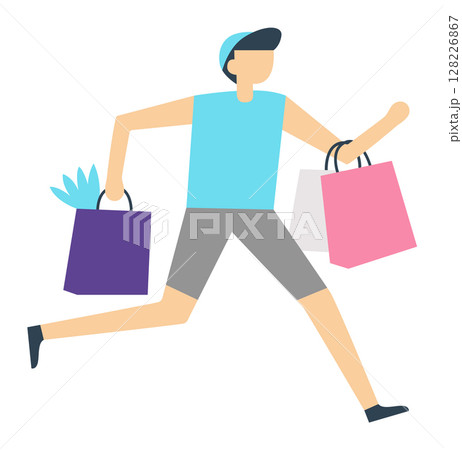 Happy customer running energetically while holding colorful shopping bags filled with clothes and gifts, enjoying the excitement of the sales season at the bustling mall 128226867