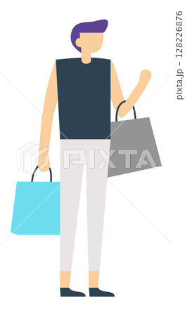 Stylish young man with purple hair is carrying shopping bags after a successful day at the mall, enjoying his retail therapy and the latest fashion trends 128226876