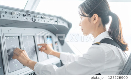 飛行機のコックピットの電子機器を整備をする航空整備士の女性のイメージ　働く女性整備士、エンジニア 128226900