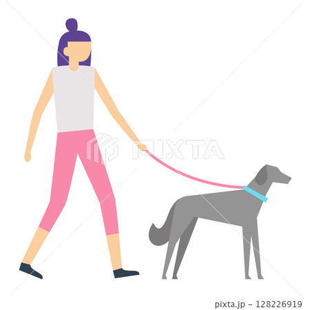 Young woman dressed in casual attire, walking a sleek greyhound on a pink leash, enjoying a relaxing stroll through a scenic outdoor setting, embracing the joy of companionship Young woman dressed in casual attire, walking a sleek greyhound on a pink leash, enjoying a relaxing stroll through a scenic outdoor setting, embracing the joy of companionship 128226919
