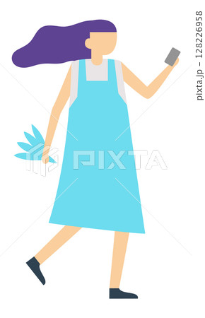 Young woman wearing an apron, walking while using her smartphone and holding a vibrant plant, captured in a flat design style with a simple white background 128226958