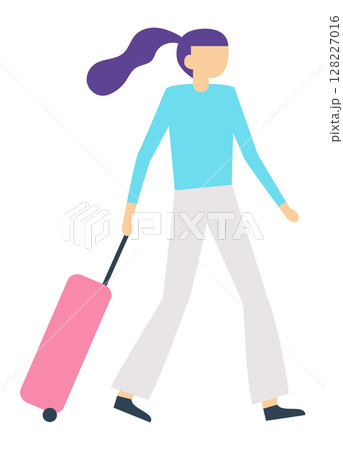 Young woman tourist walking and pulling rolling suitcase, travel and vacation concept, simple flat vector illustration isolated on white background Young woman tourist walking and pulling rolling suitcase, travel and vacation concept, simple flat vector illustration isolated on white background 128227016