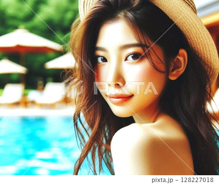 女性とプール 128227018