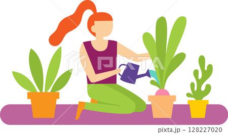 Young woman with red hair tied in ponytail wearing purple shirt and green trousers is kneeling and watering plants in pots with watering can Young woman with red hair tied in ponytail wearing purple shirt and green trousers is kneeling and watering plants in pots with watering can 128227020