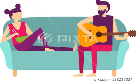 Young couple relaxing at home on the sofa, the bearded man is playing an acoustic guitar and the woman is eating a bowl of noodles with chopsticks Young couple relaxing at home on the sofa, the bearded man is playing an acoustic guitar and the woman is eating a bowl of noodles with chopsticks 128227024