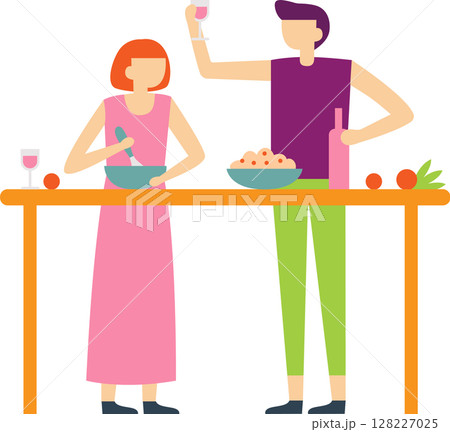 Young couple enjoying a moment together in a modern kitchen, mixing fresh ingredients in a bowl while sipping wine at a high table, creating a delightful meal and celebrating their love Young couple enjoying a moment together in a modern kitchen, mixing fresh ingredients in a bowl while sipping wine at a high table, creating a delightful meal and celebrating their love 128227025