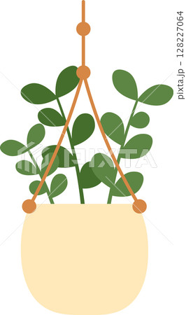 Illustration of a green plant with round leaves in a beige hanging pot. The design features a simple, minimalist style with a focus on natural decor and indoor gardening 128227064