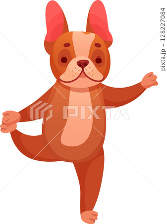 Adorable cartoon french bulldog balancing on one leg in a yoga tree pose, embodying pet wellness and mindfulness while promoting relaxation, health, and playful activity 128227084