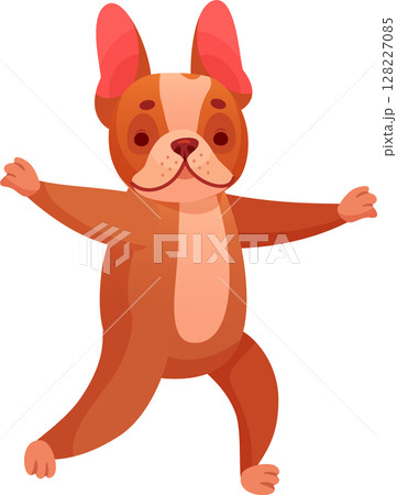 Cartoon french bulldog practicing yoga warrior pose, promoting pet wellness and a healthy lifestyle, perfect for animal lovers and yoga enthusiasts 128227085