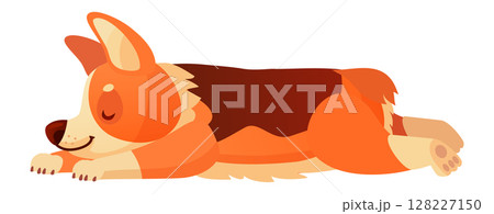Cartoon illustration of a cute corgi dog sleeping peacefully, taking a nap with its eyes closed, lying on its side, a heartwarming scene of animal rest 128227150