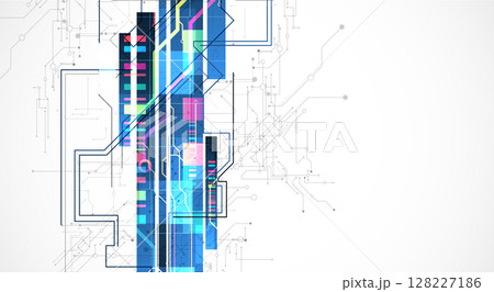 Technological background with colorful squares glowing on a blue gradient. Vector. 128227186