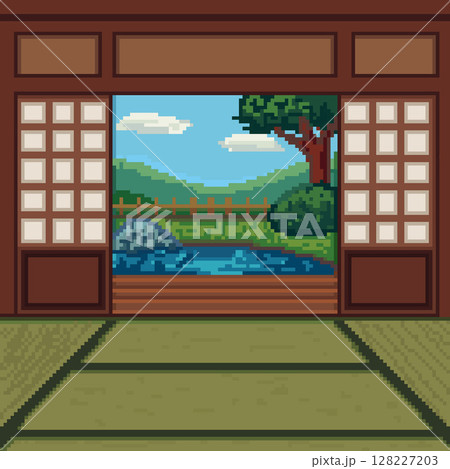 和室から庭を望むピクセル背景|ドット絵の和風室内風景 和室から庭を望むピクセル背景|ドット絵の和風室内風景 128227203