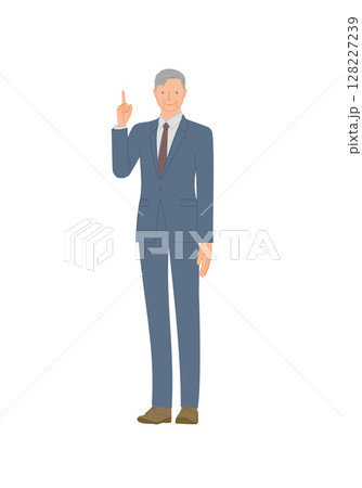 ビジネススーツを着た笑顔のシニア男性：指差し 128227239