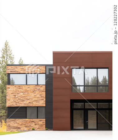 Modern architectural design with stone and metal elements in a natural setting 128227302