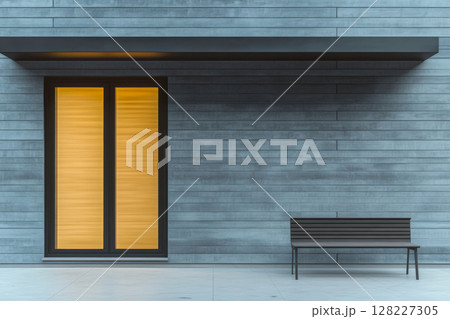 Modern entrance with warm light and bench in minimalist architectural design 128227305