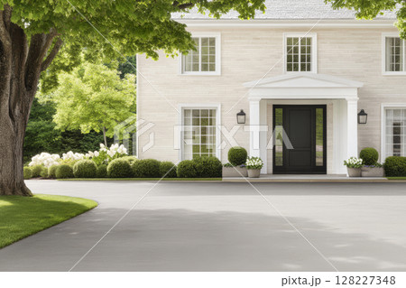 Elegant home entrance with modern landscaping and serene surroundings in bright daylight Elegant home entrance with modern landscaping and serene surroundings in bright daylight 128227348